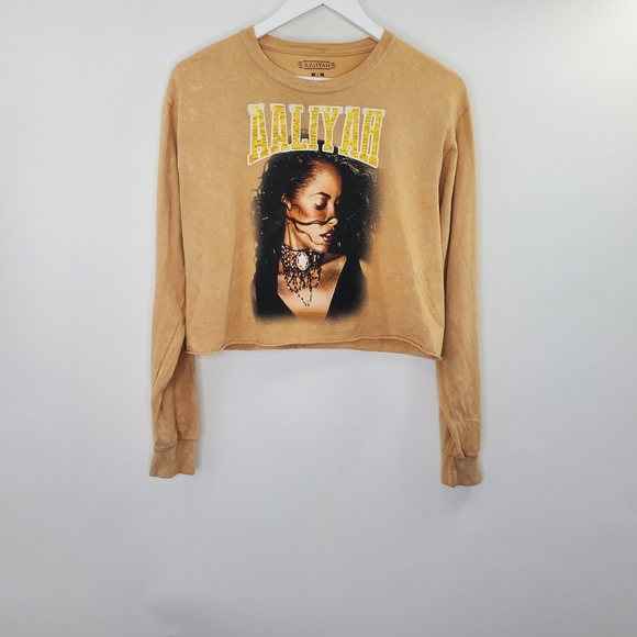 Aaliyah Big Graphic Band Tee Long Sleeves Cropped Tan Orange - Picture 1 of 6
